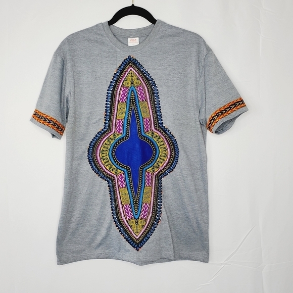 Hoykawim Graphic Cotton Tee Size XL Gray Short Sleeve African Print Shirt - Picture 1 of 10
